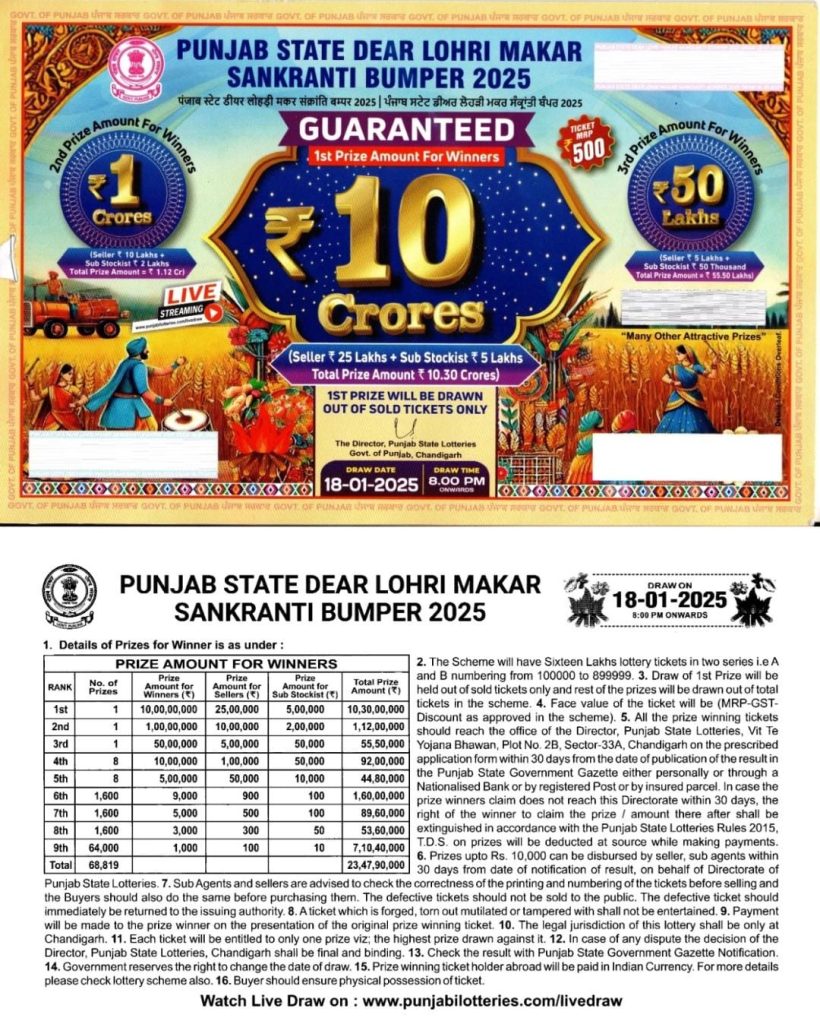 Punjab State Lottery Lohri Makar Sakranti Bumper 10 Crores